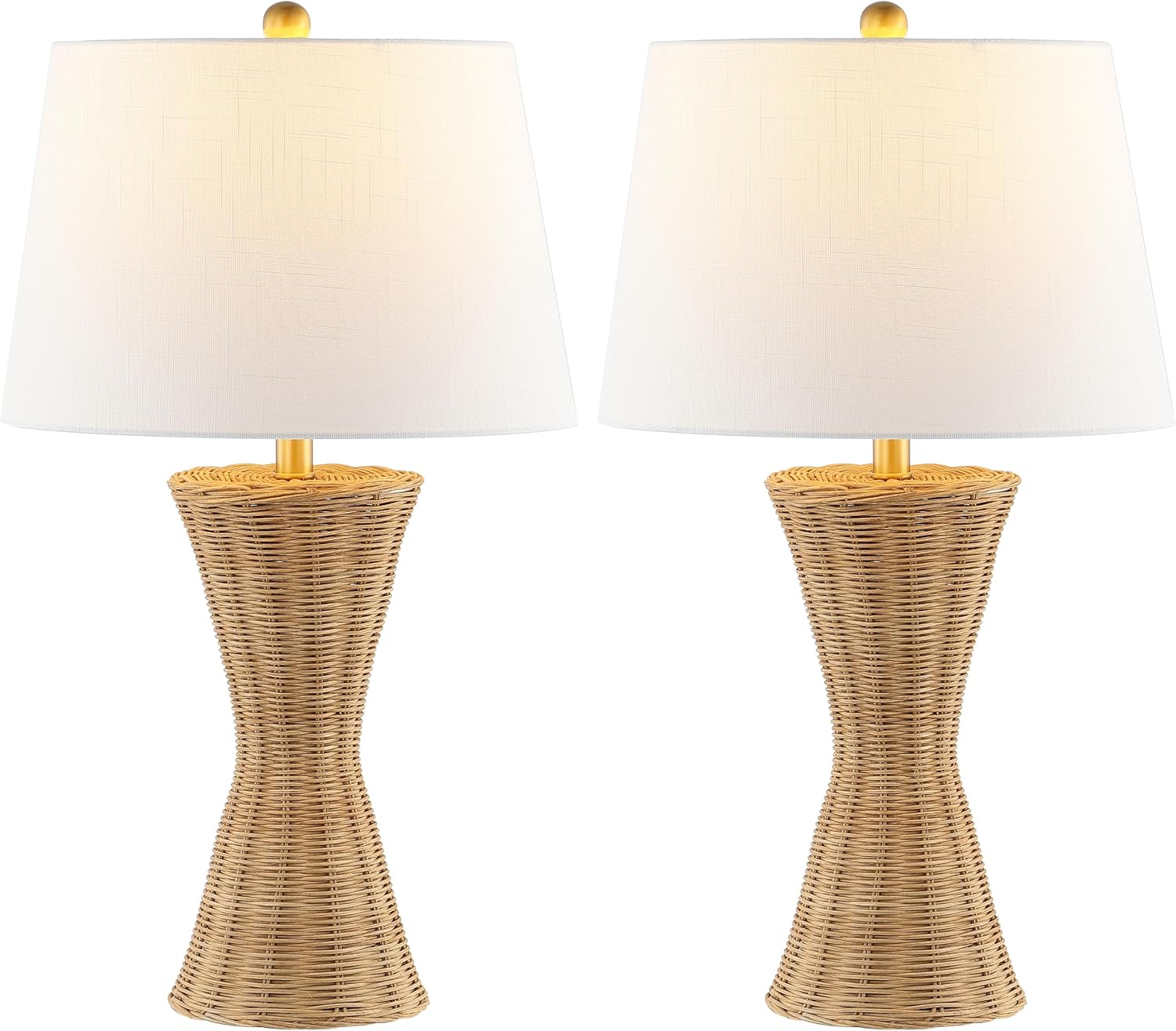 JONATHAN Y 27' Natural Woven Rattan Hourglass Table Lamp Coastal Geometric Wicker Bedside Lamp for Living Room Bedroom with White Fabric Shade Set of 2 LED Bulbs Included JYL4048A-SET2