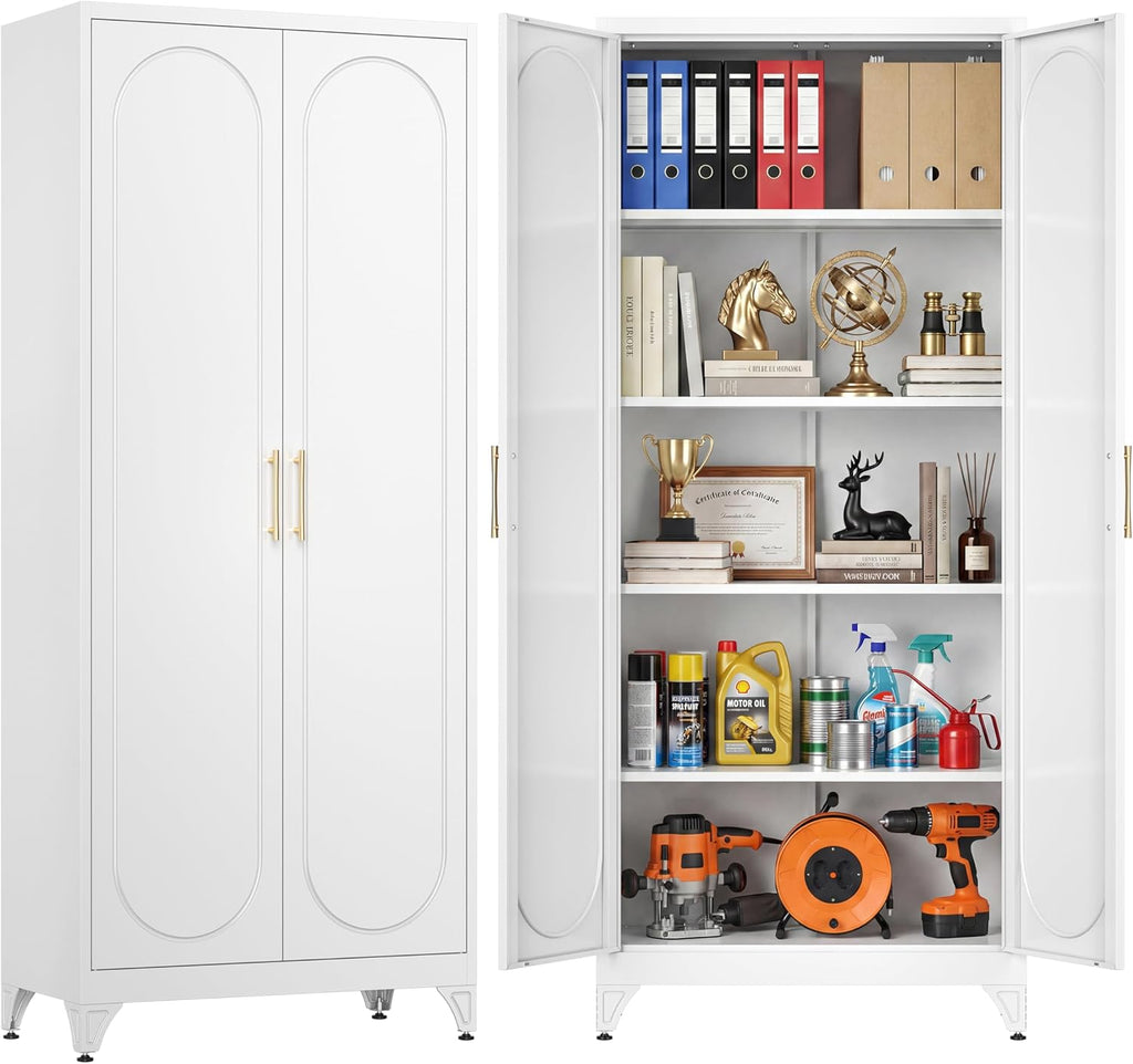 75' Tall Metal Storage Cabinet with 2 Doors and 4 Adjustable Shelves, 32'W x 16'D Heavy Duty Steel Pantry Cabinet for Kitchen, Garage, Home Office and Laundry Room, Cold-Rolled Steel, White