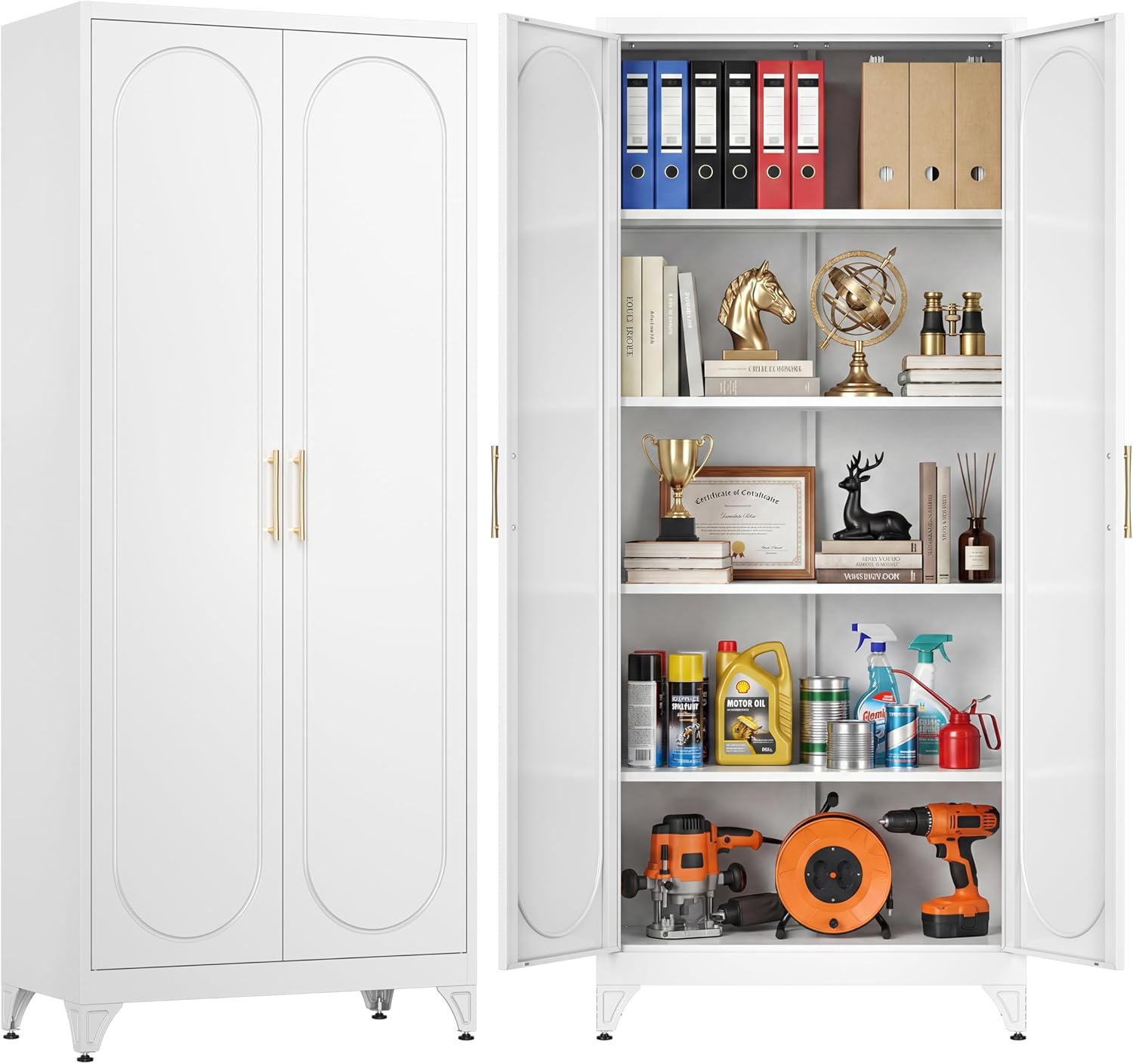 75' Tall Metal Storage Cabinet with 2 Doors and 4 Adjustable Shelves, 32'W x 16'D Heavy Duty Steel Pantry Cabinet for Kitchen, Garage, Home Office and Laundry Room, Cold-Rolled Steel, White