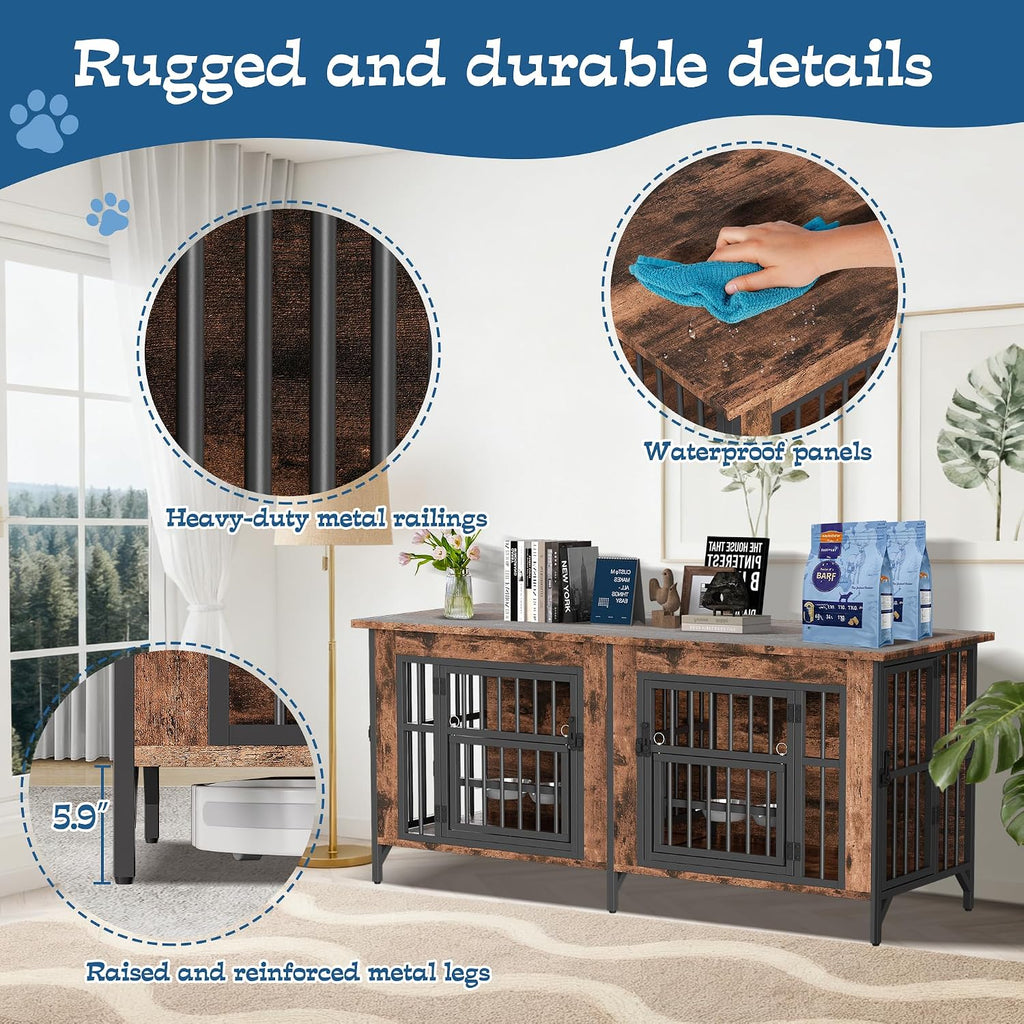 Grepatio 63' Double Dog Crate Furniture, Large Dog Kennel for 2 Dogs, Indoor Wooden Dog Crate with Rotating Feeder Bowls and 4 Doors, Heavy Duty Dog House TV Stand with Removable Divider