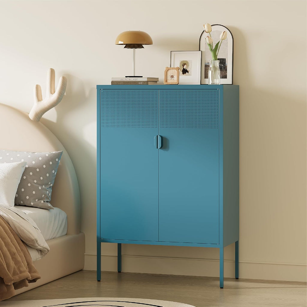 Metal Storage Cabinet,2 Door TV Stand, Metal Mesh Accent Cabinet,Magnetic Door Closure,Low Storage Cabinets with Doors and Shelves