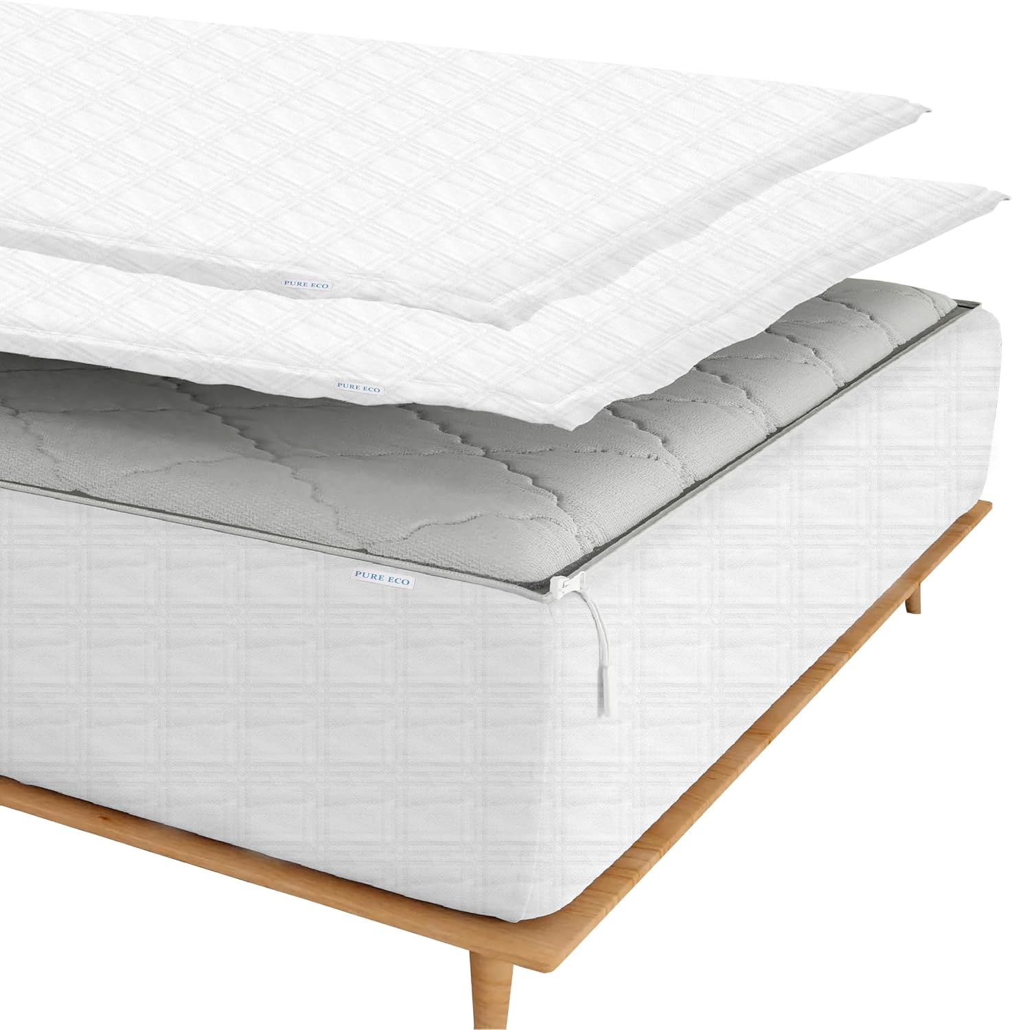 Check Grid Plaid Zipper Fitted Sheet - Includes 1 Fitted Sheet Base & 2 Zip-On Sheets - Upto 16' in. Deep Pockets Queen Size Zipper Fitted Sheet - Easy to Change, Cotton 600 TC - Grid Plaid White