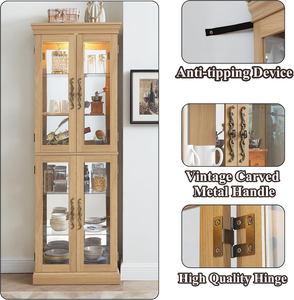 71' H Lighted Curio Cabinet Display Case, Glass Curio Cabinets with Adjustable Shelves and Tempered Glass Door, Wooden Cabinet w/Mirrored Back Pane for Living Room (Light Oak)