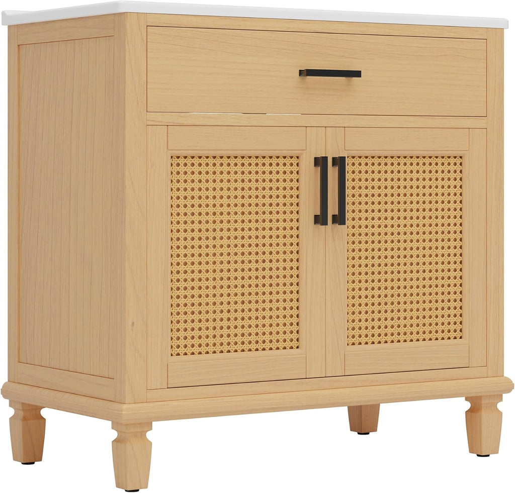 36' Rattan Bathroom Vanity with Sink, Bathroom Vanities with Soft Close Doors & Drawers, Freestanding Bathroom Sink Cabinet with Solid Wood Legs & Large Space Storage, Modern Vanity, Natural