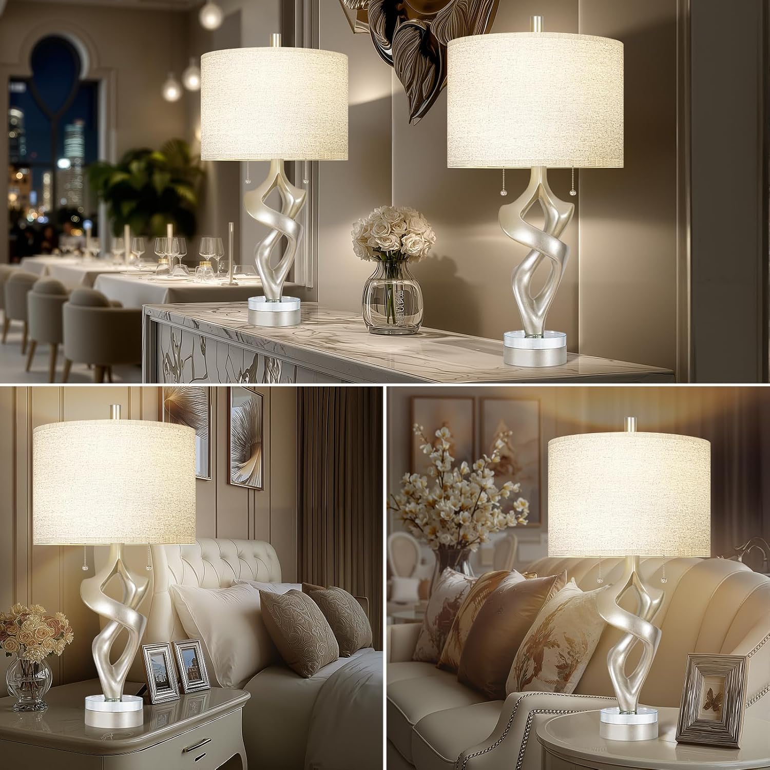 Scenekoy Sculptural Resin Table Lamp Set of 2 with USB Ports for Bedroom Living Room, 26' Antique Silver Leaf Dual Pull Chains Bedside Lamps, Nightstand Lamp for Home Room Decor (Bulbs Included)