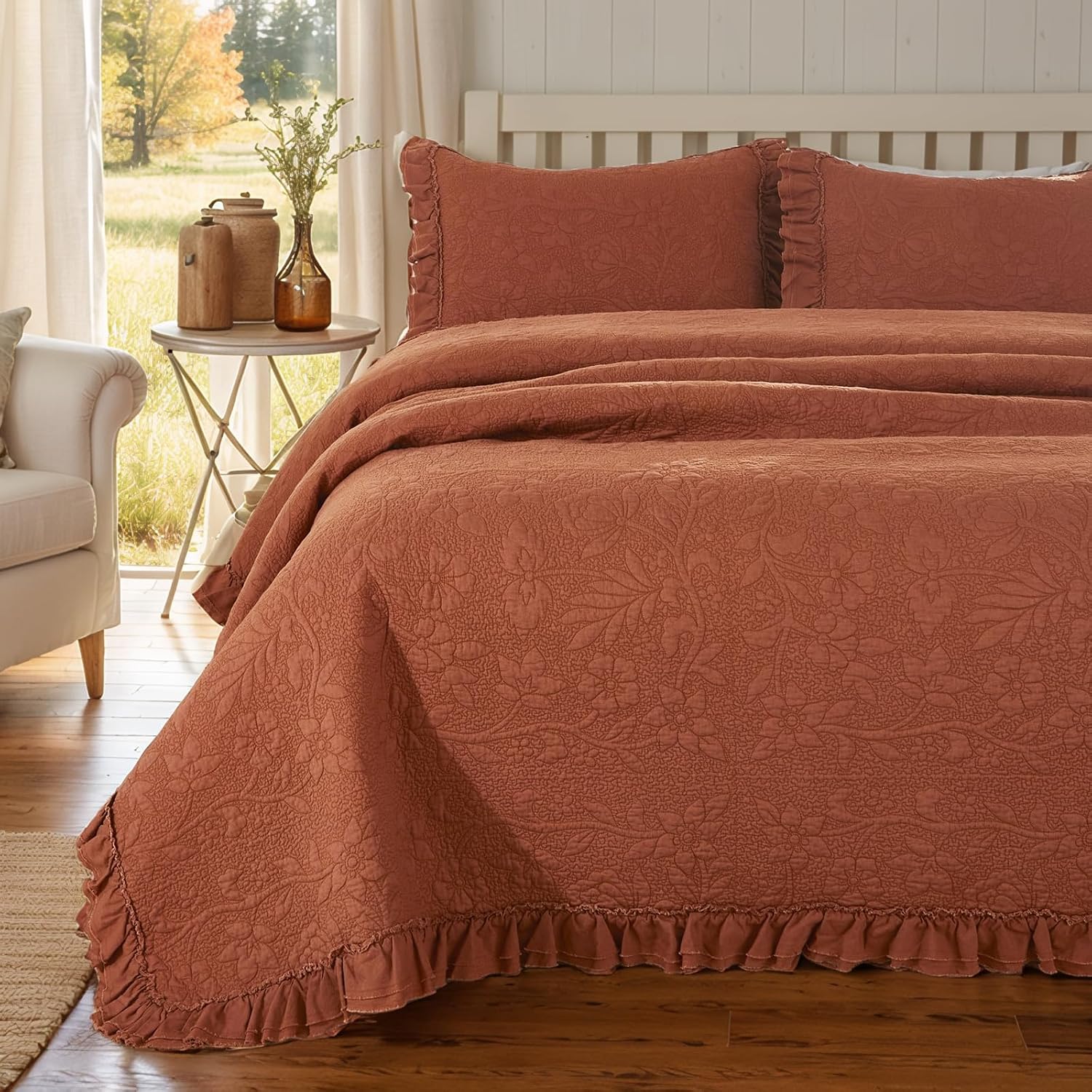 Brandream Queen Size Quilt Set Cotton Burnt Orange Vintage Farmhouse Quilted Comforter Set Luxury Ruffle Bedspreads 3-Piece