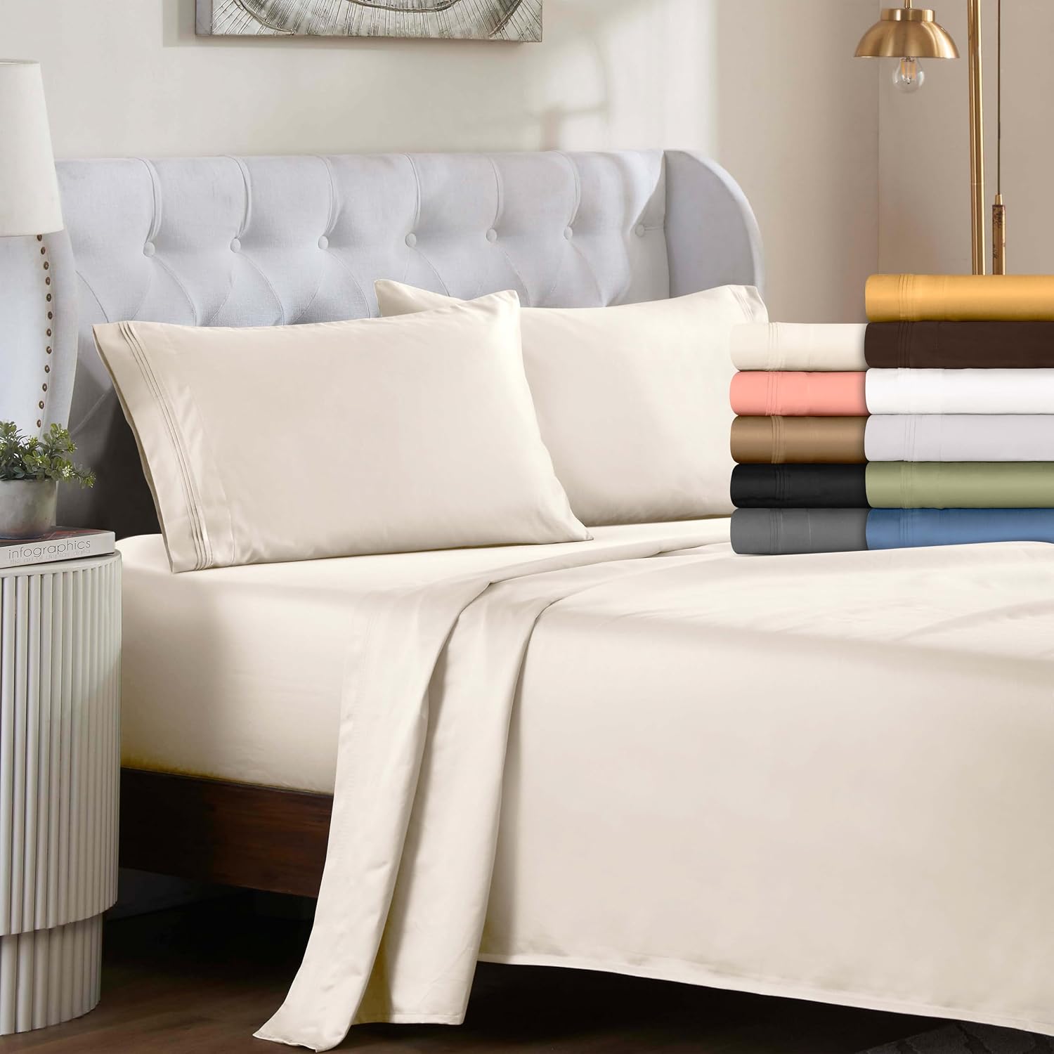 Superior Egyptian Cotton 4 Piece Sheet Set, Luxury 1500 Thread Count, Eco-Friendly, Sustainable Sheets, Ultra-Soft Basics, Solid, Deep Pocket Fitted Sheet, Flat Sheet, Pillowcases, Queen, White