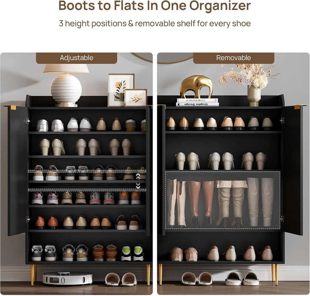 SICOTAS Shoe Cabinet with Fluted Doors - 28-Pair Large Shoe Storage Cabinet, 50.7' Tall 7-Tier Entryway Shoe Cabinet Storage with Adjustable Shelves for Entryway Hallway Living Room Front Door, Black