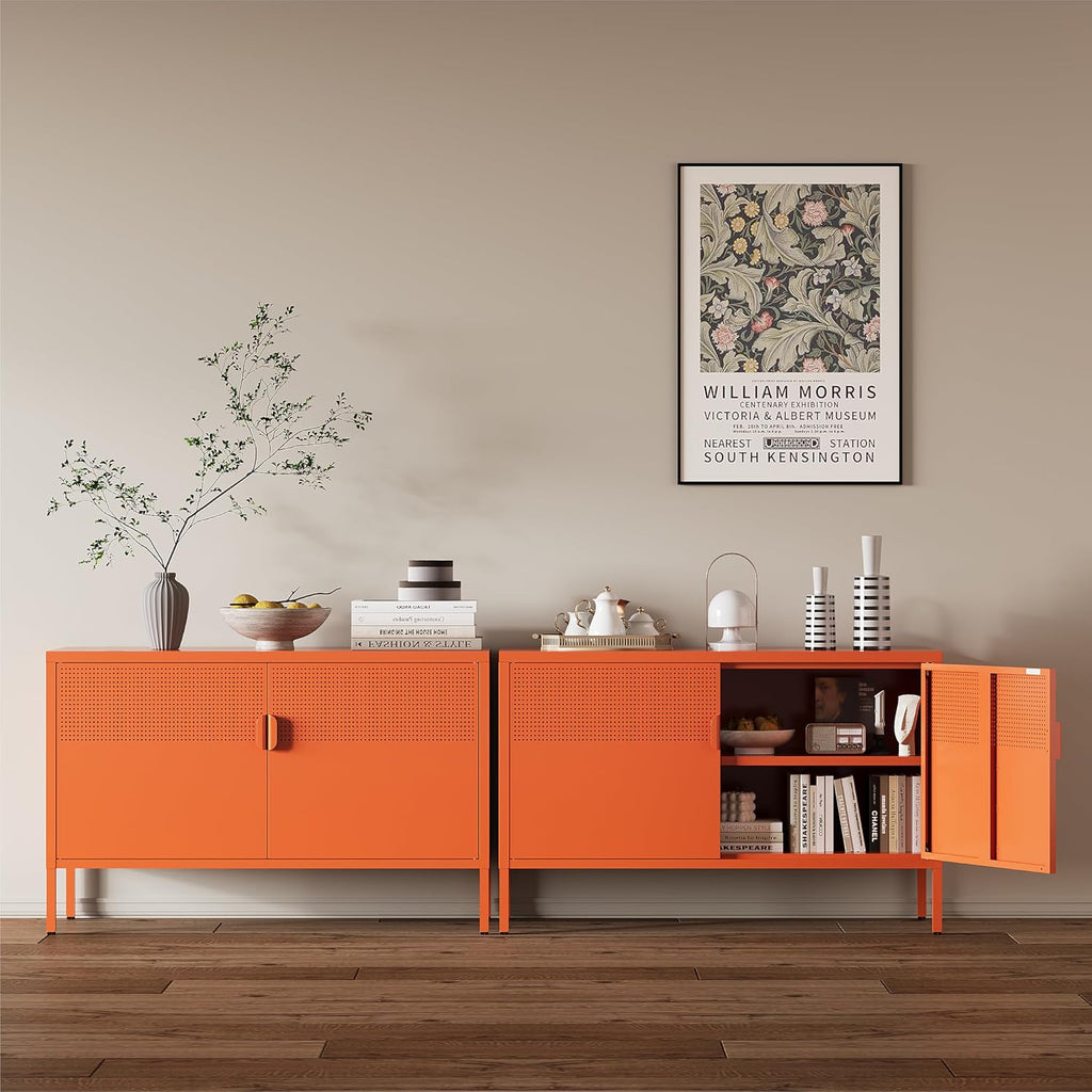 Orange Metal Storage Cabinet,2 Door TV Stand, Metal Mesh Accent Cabinet,Magnetic Door Closure,Low Storage Cabinets with Doors and Shelf for Home,Office,Living Room