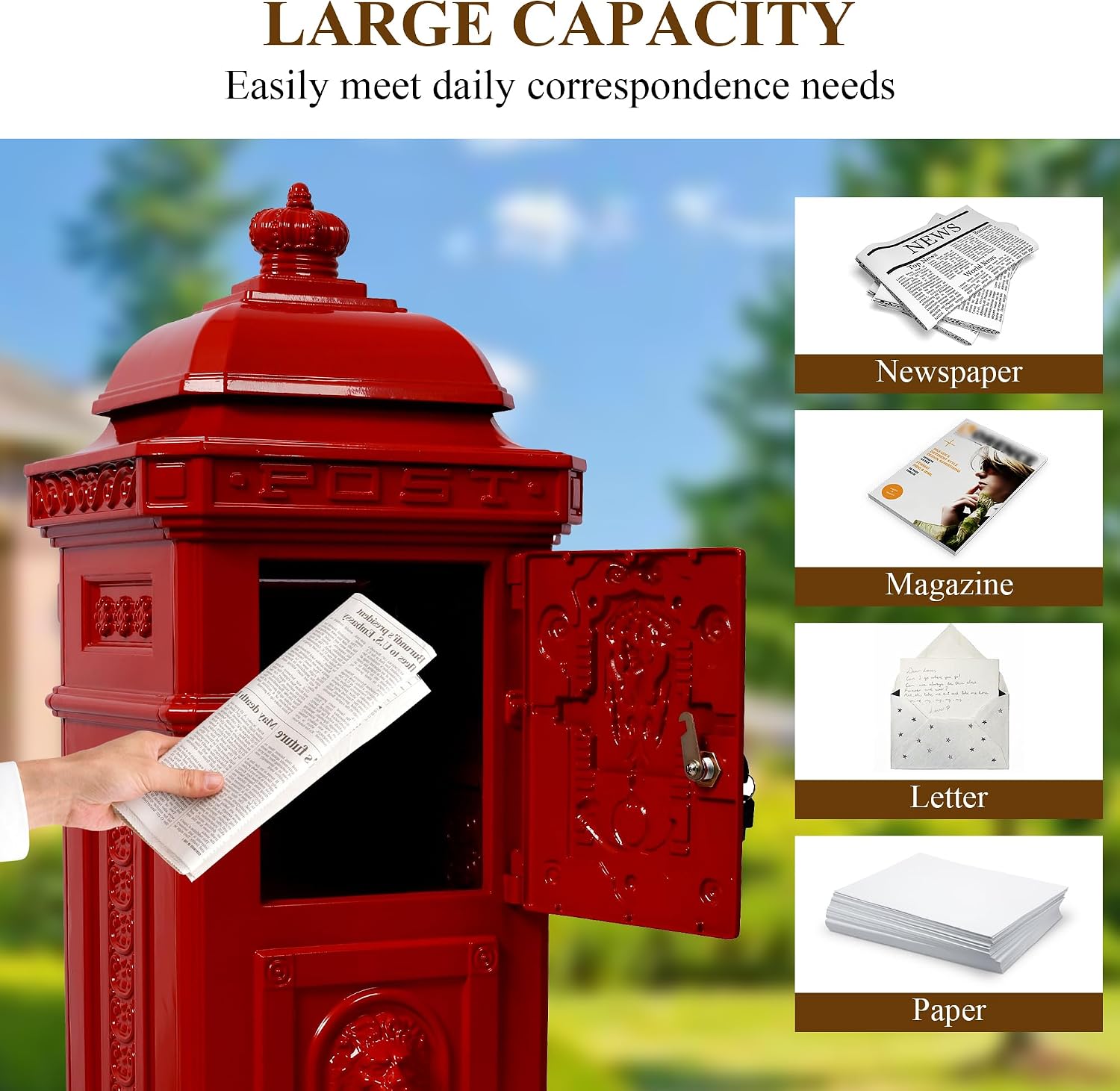 Vintage Large-Capacity Cast Aluminum Mailbox, Outdoor Weatherproof Floor Standing Postbox, Decorative Copper Finish Letter Box with Lock, Roman Column Design for Home Use (Red)