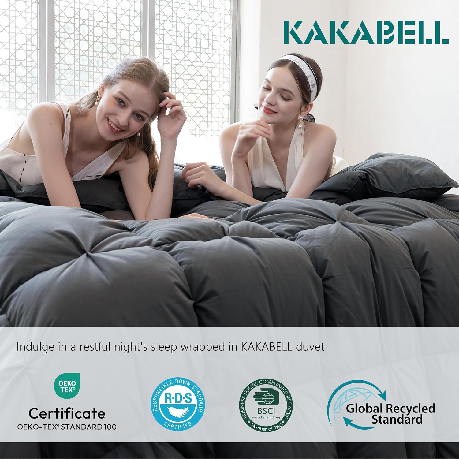 KAKABELL Pinch Pleat Goose Down Feathers Fiber Comforter King Size All Season-Ultra Soft and Cozy Noiseless Duvet Insert with Egyptian Cotton Blend Cover,Fluffy Warm Comforter Insert(Grey,90'X106')