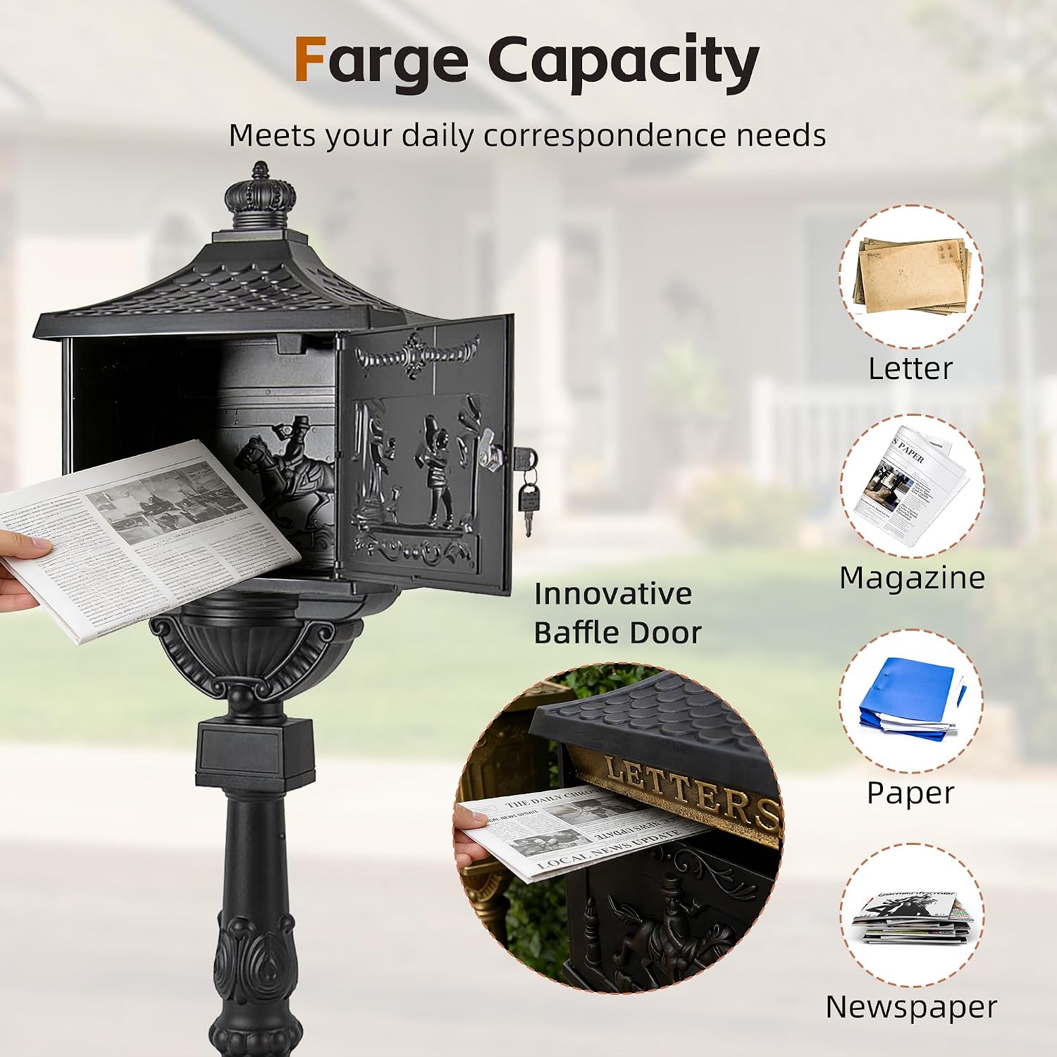Cast Aluminum Locking Mailbox, Heavy Duty Security Postal Box, Retro Mid-Century Outdoor Mailbox with Key Lock, Weatherproof Anti-Theft Design, Easy Installation, Black