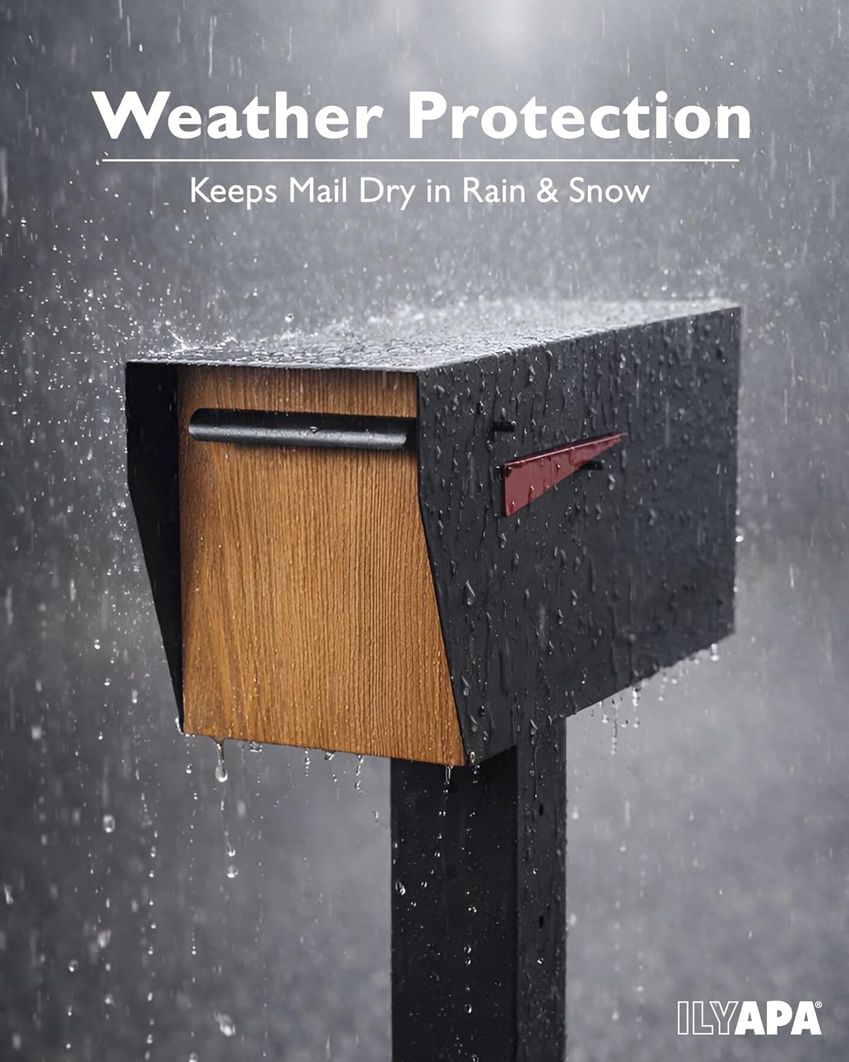 Ilyapa Modern Black Mailbox & Post Sleeve Bundle | Heavy Duty, All-Weather Powder-Coated Steel Curbside Mailbox & 43' Metal Post for Outside w/Universal Mounting Bracket.
