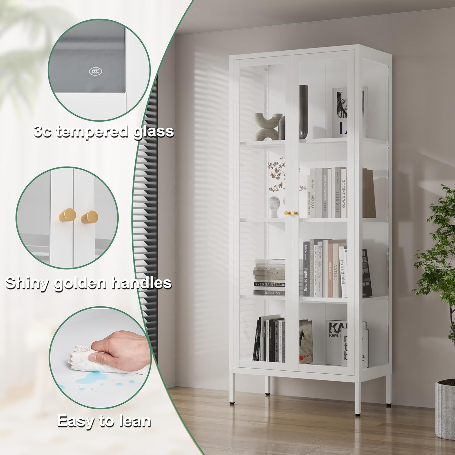 Glass Display Cabinet 4-Tier,66' H Metal Curio Cabinet with Glass Doors and 3 Adjustable Shelves,Display Case for Collectibles,Living Room (No Lights, White)