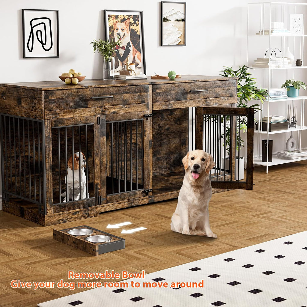 Rophefx 72' Dog Crate Furniture for 2 Dogs, Large Dog Kennel Furniture with 2 Storage Drawer and 4 Bowls, Wooden Dog Cage with Removable Divider, Indoor Dog House TV Stand for Medium Dog, Rustic Brown