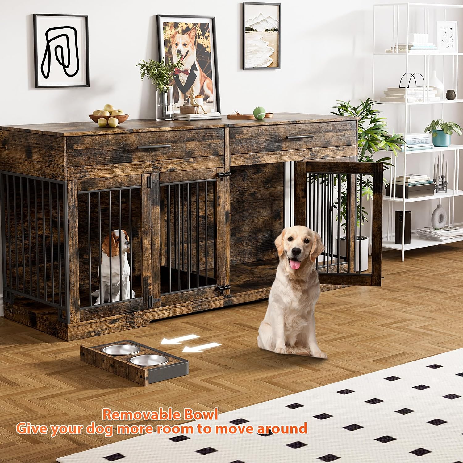 Rophefx 72' Dog Crate Furniture for 2 Dogs, Large Dog Kennel Furniture with 2 Storage Drawer and 4 Bowls, Wooden Dog Cage with Removable Divider, Indoor Dog House TV Stand for Medium Dog, Rustic Brown