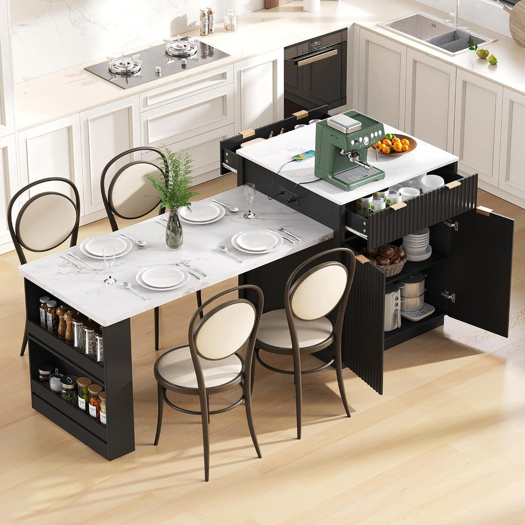 RUNNA 82.6' Fluted Kitchen Island with Extendable Dining Table for 4-6,Island Table for Kitchen with Power Outlet, Kitchen Table with Double-Side Storage, 2 Drawers 2 Side Open Shelves (Black#18)