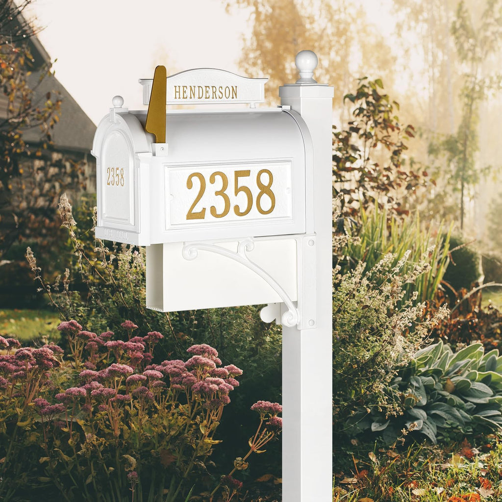 Whitehall Ultimate Mailbox Package, Personalized Large Mailbox with Post and Address Plaque for Outside - White/Gold