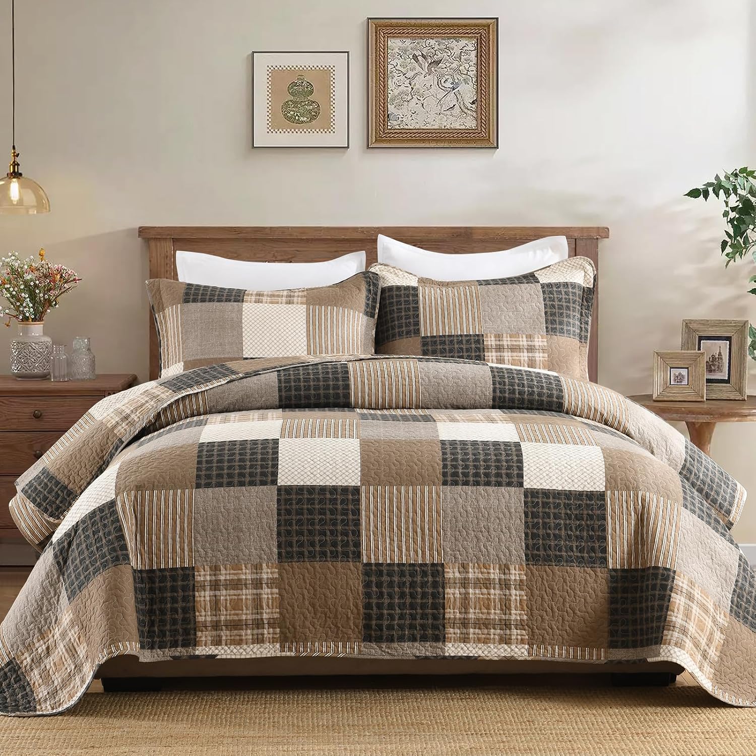 PANGUSHAN 100% Cotton Quilt Set, King Size, Farmhouse Plaid Lightweight Comforter, Rustic Bedding Set Quilted Bedspread, Charcoal/Beige/Brown Quilt for King Bed, 3 Pieces