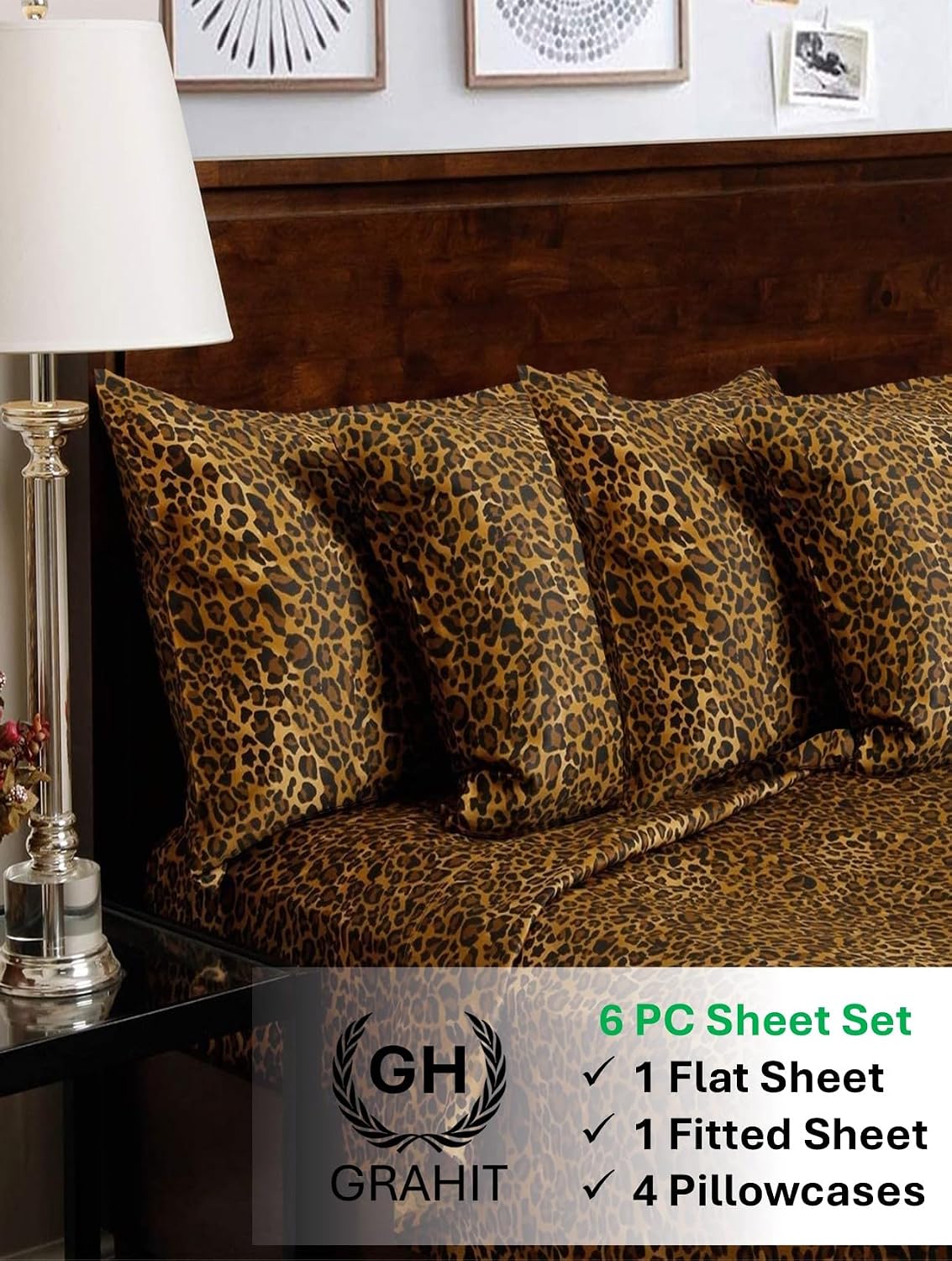 100% Egyptian Long Staple Cotton Bedsheet Set, 800 Thread Count, 6-PC Sheets Set, Leopard Print Color, Queen Size, 15 Inch Deep Pocket of Fitted Sheet, Soft Sateen Weave Breathable