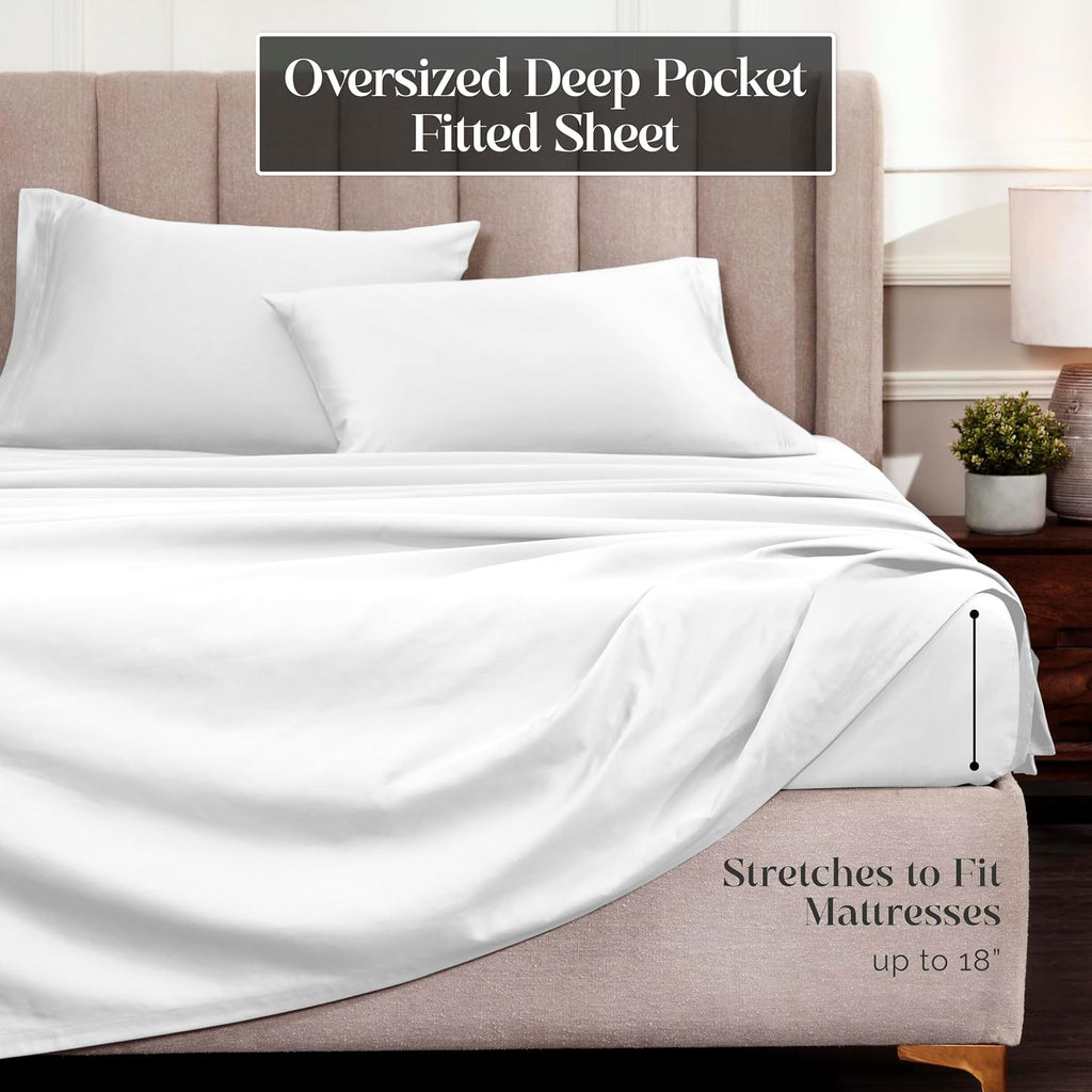 Superior Egyptian Cotton 4 Piece Sheet Set, Luxury 1500 Thread Count, Modern Design, Sustainable Sheets, Ultra-Soft Basics, Solid, Deep Pocket Fitted Sheet, Flat Sheet, Pillowcases, Queen, White
