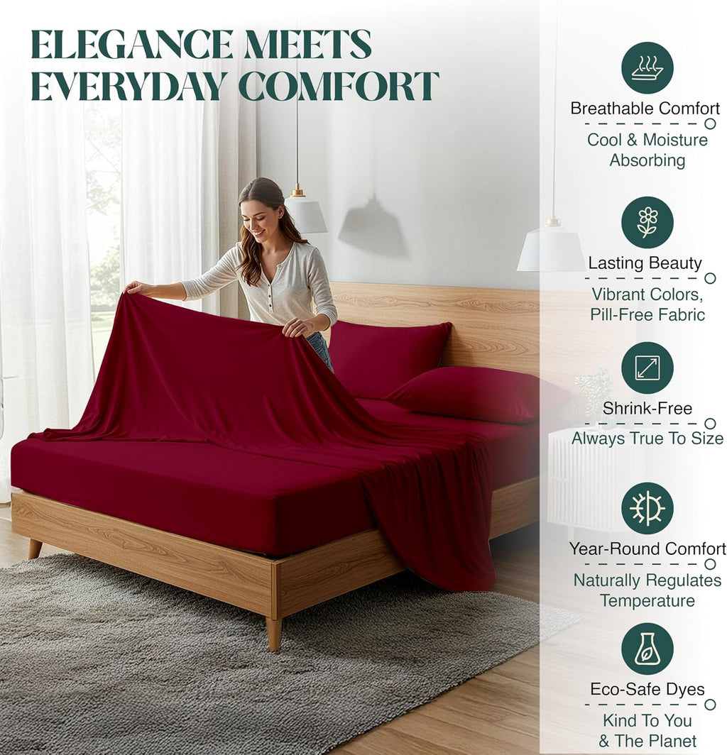100% Egyptian Cotton Sheet Set Queen Size 4 PCs Sateen Weave Cooling Soft Wrinkle Resistant 18 inches Deep Pocket | 1 Fitted Sheet, 1 Flat Sheet, 2 Pillowcases | Burgundy