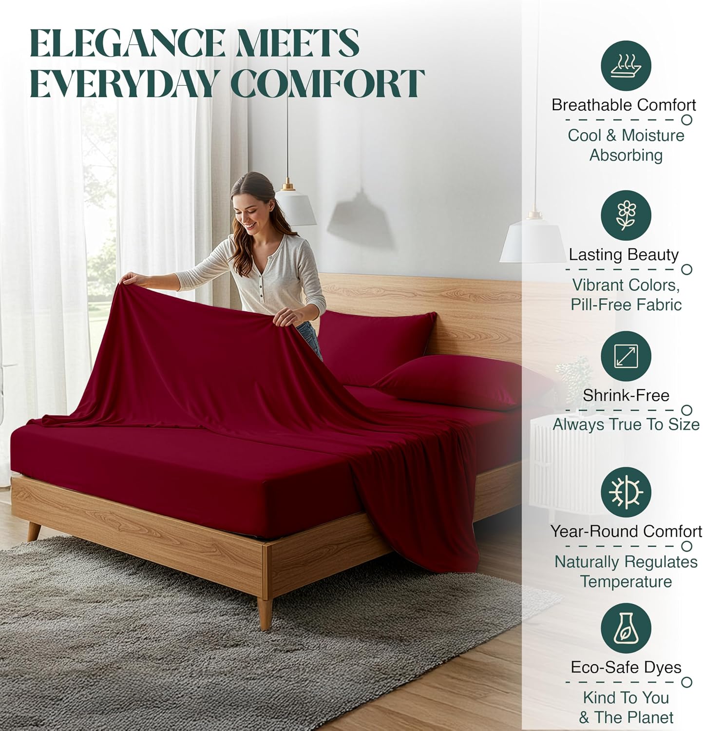 100% Egyptian Cotton Sheet Set Queen Size 4 PCs Sateen Weave Cooling Soft Wrinkle Resistant 18 inches Deep Pocket | 1 Fitted Sheet, 1 Flat Sheet, 2 Pillowcases | Burgundy