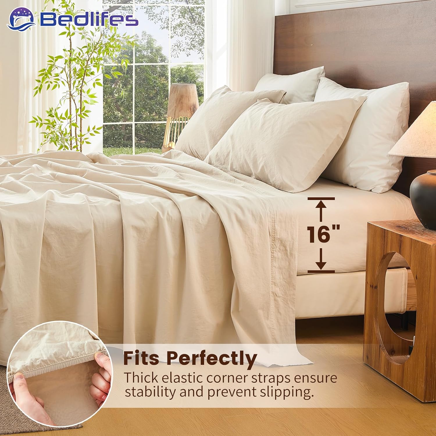 Bedlifes 100% French Pure Linen Sheets California King Size Breathable and Cooling Flax Sheet Set Soft Durable and Moisture Wicking 16 Inch Deep Pocket-4 Piece(Cal King,Linen)