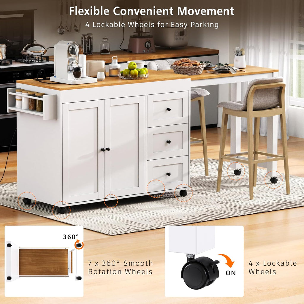 RUNNA Kitchen Island with Extendable Dining Table, Kitchen Storage Cart with 3 Drawers, Power Outlet, Rolling Kitchen Island on Wheels with Spice Rack and 2 Door Cabinet,for Kitchen (White@01)