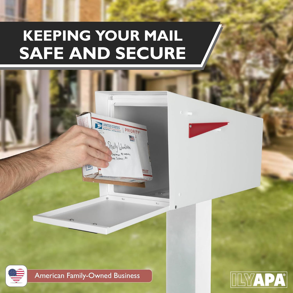 Ilyapa Modern White Mailbox with Angle Design, Waterproof Metal Curbside Box & Black Heavy-Duty Post Kit – Secure Magnetic Close, Easy Universal Installation