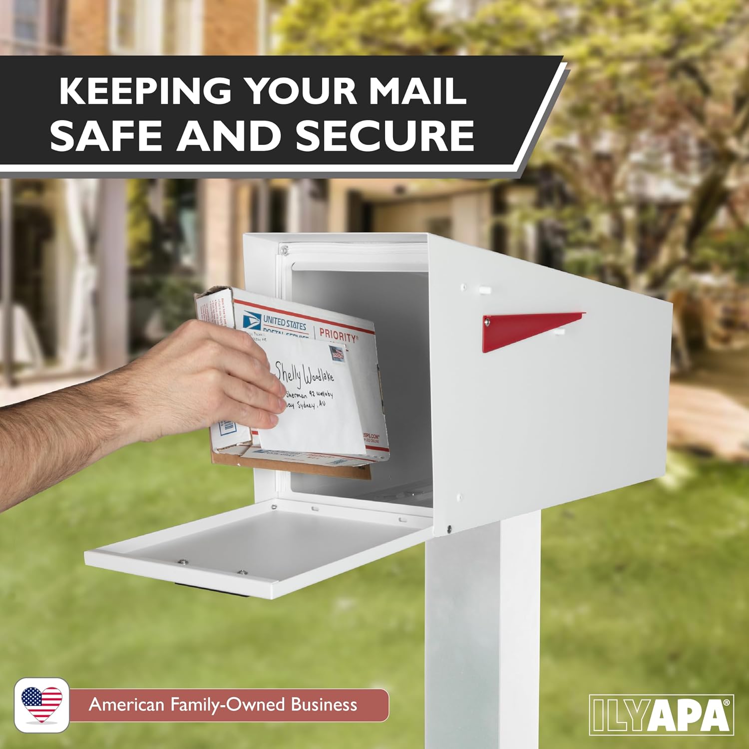 Ilyapa Modern White Mailbox with Angle Design, Waterproof Metal Curbside Box & Black Heavy-Duty Post Kit – Secure Magnetic Close, Easy Universal Installation