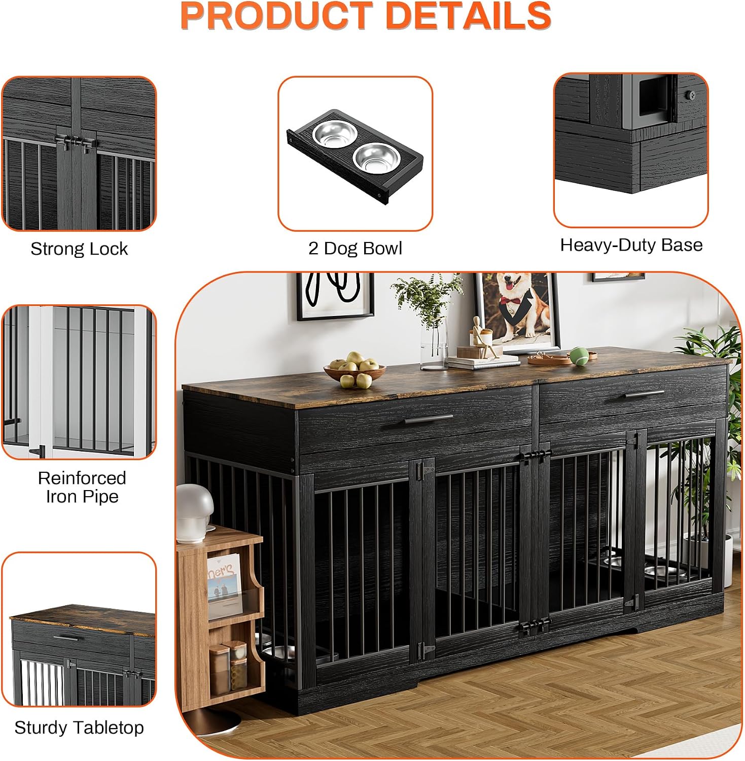Rophefx 72' Dog Crate Furniture for 2 Dogs, Large Dog Kennel Furniture with 2 Storage Drawers and 4 Bowls, Wooden Dog Cage with Removable Divider, Indoor Dog House TV Stand for Medium Dog, Black
