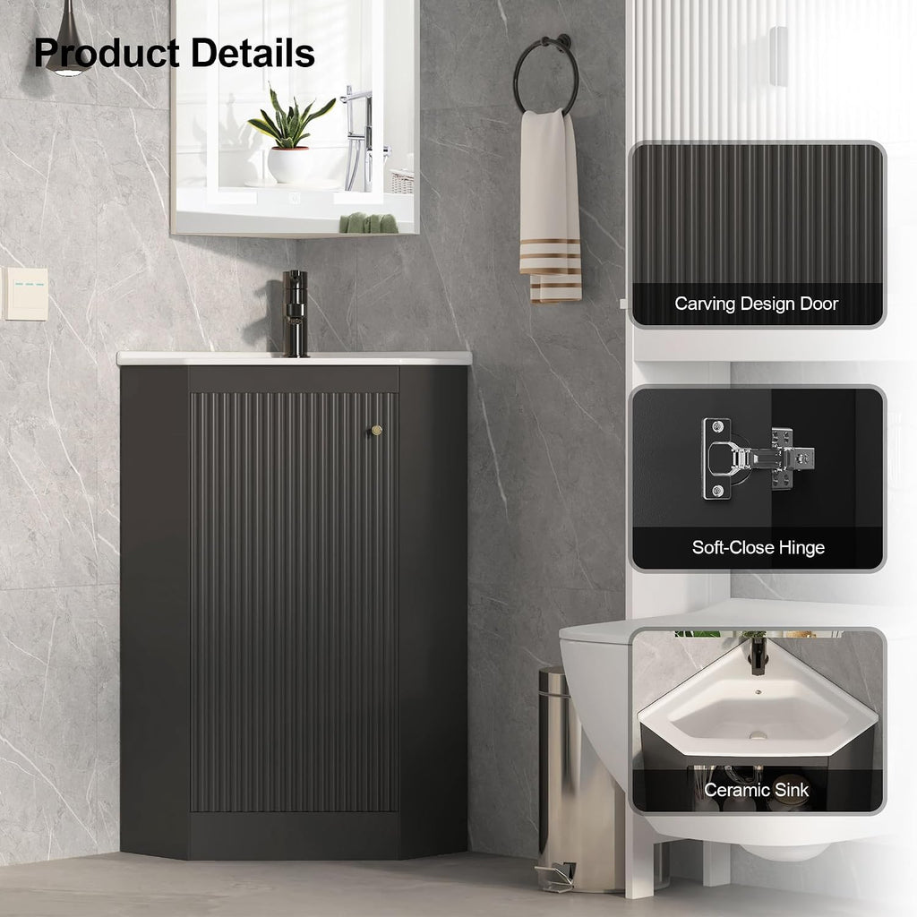 24 Inch Corner Bathroom Vanity with Sink for Small Spaces, Black Freestanding Bathroom Vanity with Ceramic Sink, Modern Wall Mount Small Bathroom Vanity for Powder Room,Half Bath(No Faucet)