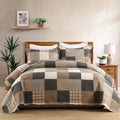 Finlonte Queen Size Quilt Set, Farmhouse Plaid Queen Comforter, Cotton Quilted Bedspread, Charcoal Beige Brown Lightweight Comforter Bedding Set for All Season, 3-Piece