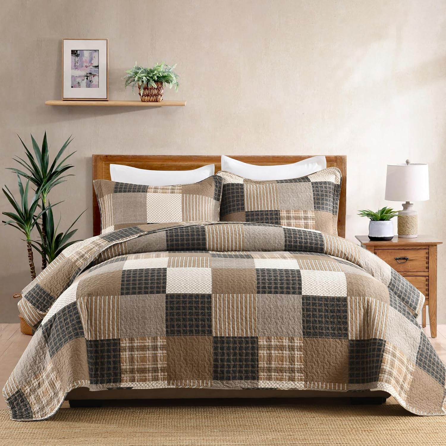 Finlonte Queen Size Quilt Set, Farmhouse Plaid Queen Comforter, Cotton Quilted Bedspread, Charcoal Beige Brown Lightweight Comforter Bedding Set for All Season, 3-Piece