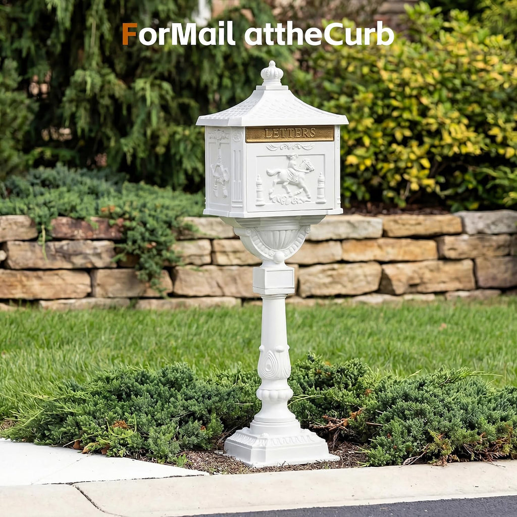 Cast Aluminum Locking Mailbox, Heavy Duty Security Postal Box, Retro Mid-Century Outdoor Mailbox with Key Lock, Weatherproof Anti-Theft Design, Easy Installation, White