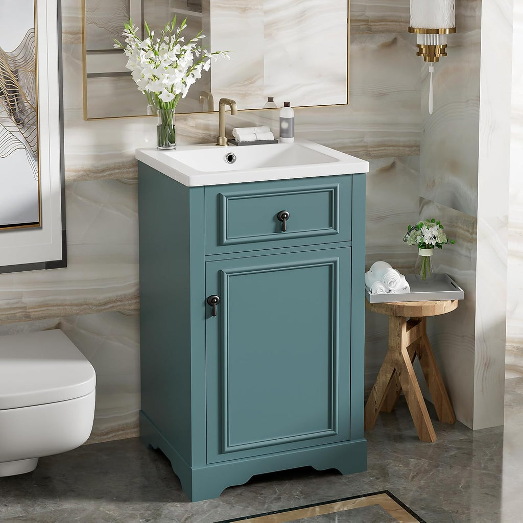 20 Inch Blue Green Bathroom Vanity with Ceramic Sink and Adjustable Shelf, Modern Bathroom Cabinet with Over Door Storage Rack and Soft Close Door