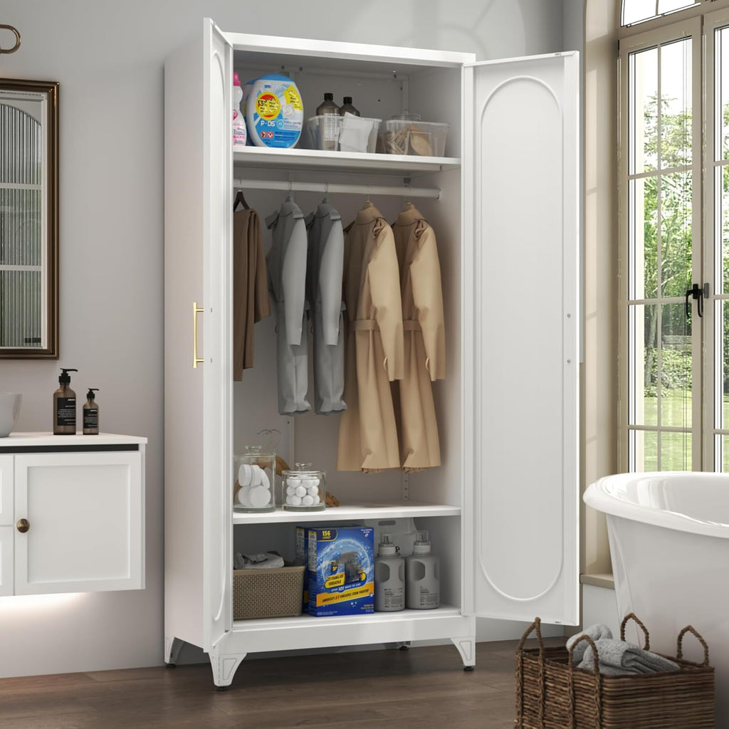 71' White Wardrobe Closet with 2 Doors, Metal Armoire Wardrobe Cabinet with Hanging Rod and Adjustable Shelves, Clothing Storage Cabinets for Bedroom, Laundry Room, Home Office