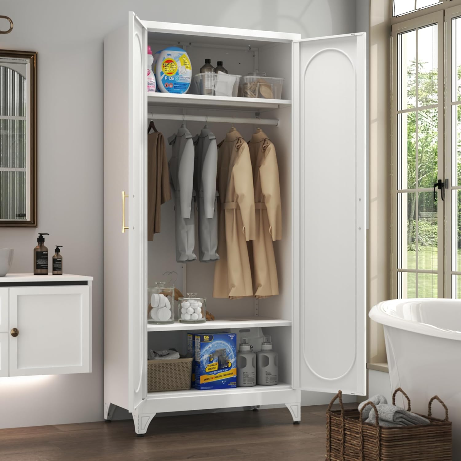 71' White Wardrobe Closet with 2 Doors, Metal Armoire Wardrobe Cabinet with Hanging Rod and Adjustable Shelves, Clothing Storage Cabinets for Bedroom, Laundry Room, Home Office