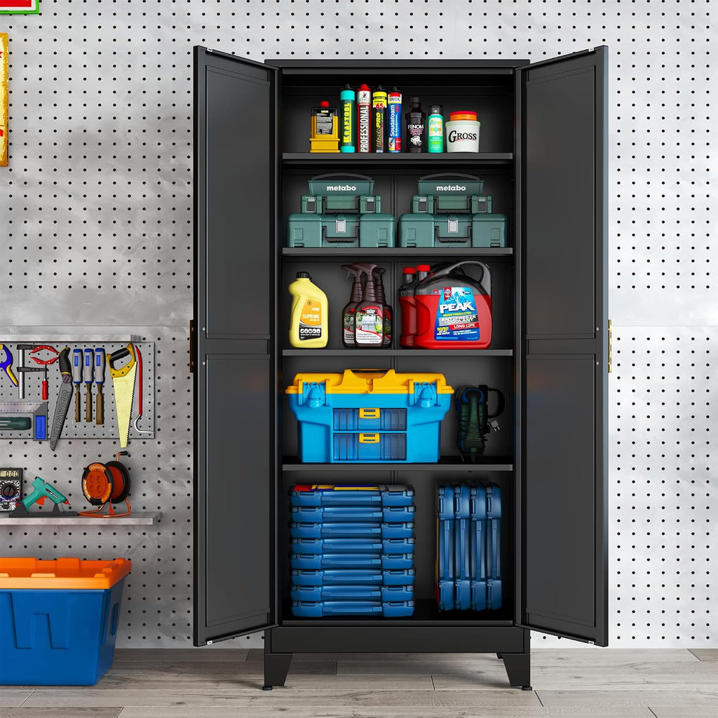 erosoei 75.2'H Metal Kitchen Pantry Storage Cabinet, Storage Cabinets with Adjustable Feet and Shelves,Food Pantries Cupboard for Kitchen, Living Room, Laundry Room and Dinning Room（Black）