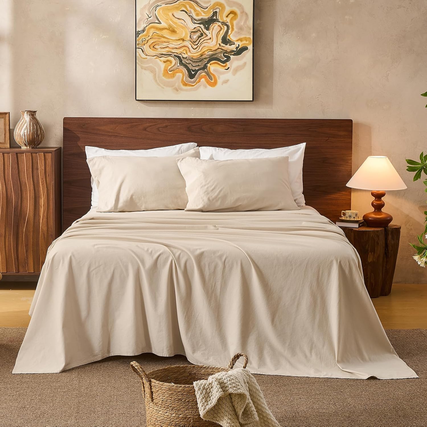 100% Linen Sheets Queen Size,Breathable & Durable 4-Piece Bed Flax Sheet Set,Soft All-Season Bedding for Hot Sleepers 16' Deep Pocket Oeko-TEX Certified,（Queen, Linen）