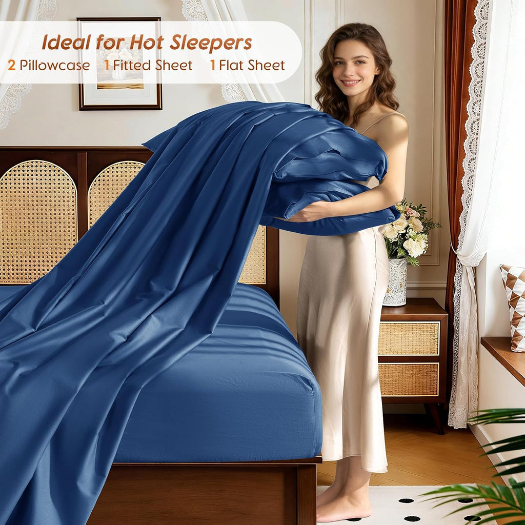 1200 Thread 100% Egyptian Cotton Sheet Sets Full Size 4 Pcs Bedding Set, Fitted Sheet Deep Pocket Up to 16' Soft Bed Sheet for All Season (Full, Navy Blue)