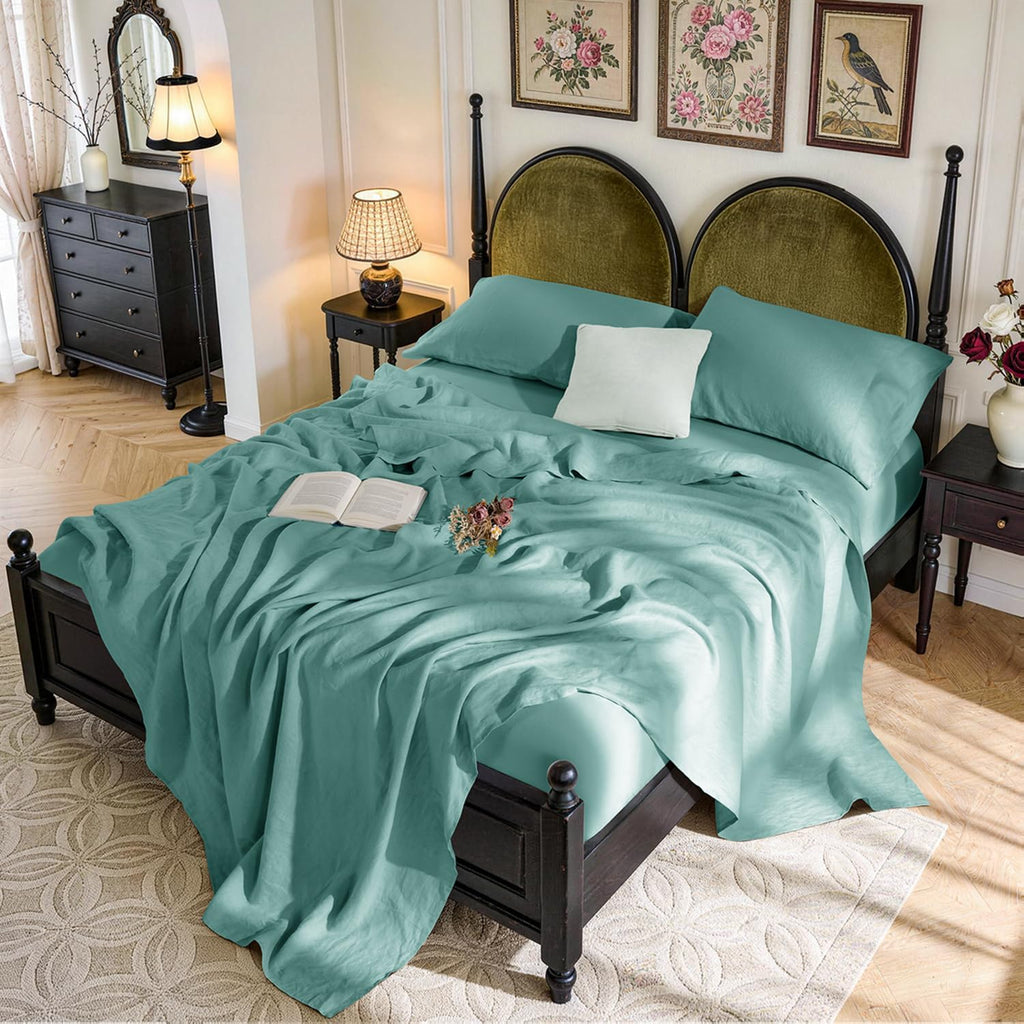 SONORO KATE 100% French Pure Linen Sheets, Breathable and Durable Linen Queen Size Sheets, Anti-Tear Linen Bed Sheets, Machine Washable, 16 Inch Deep Pocket - 4 Piece (Aqua, Queen)