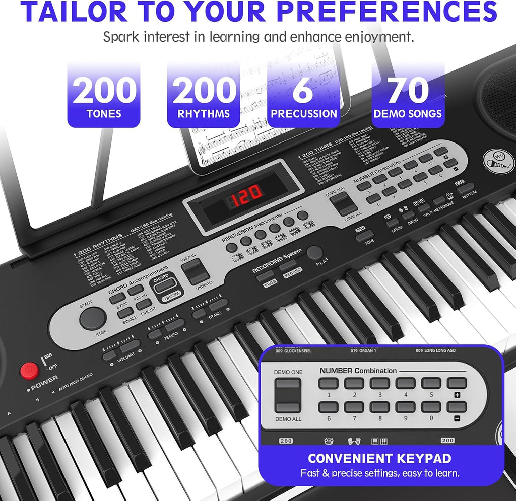 Fenbeli 61 Key Keyboard Piano for Beginners, Electric Piano Keyboard with Stand and Bench, Microphone, Headphone, Sheet Music Stand, LED Screen, 200 Tones, Teaching Mode, Holiday Gift