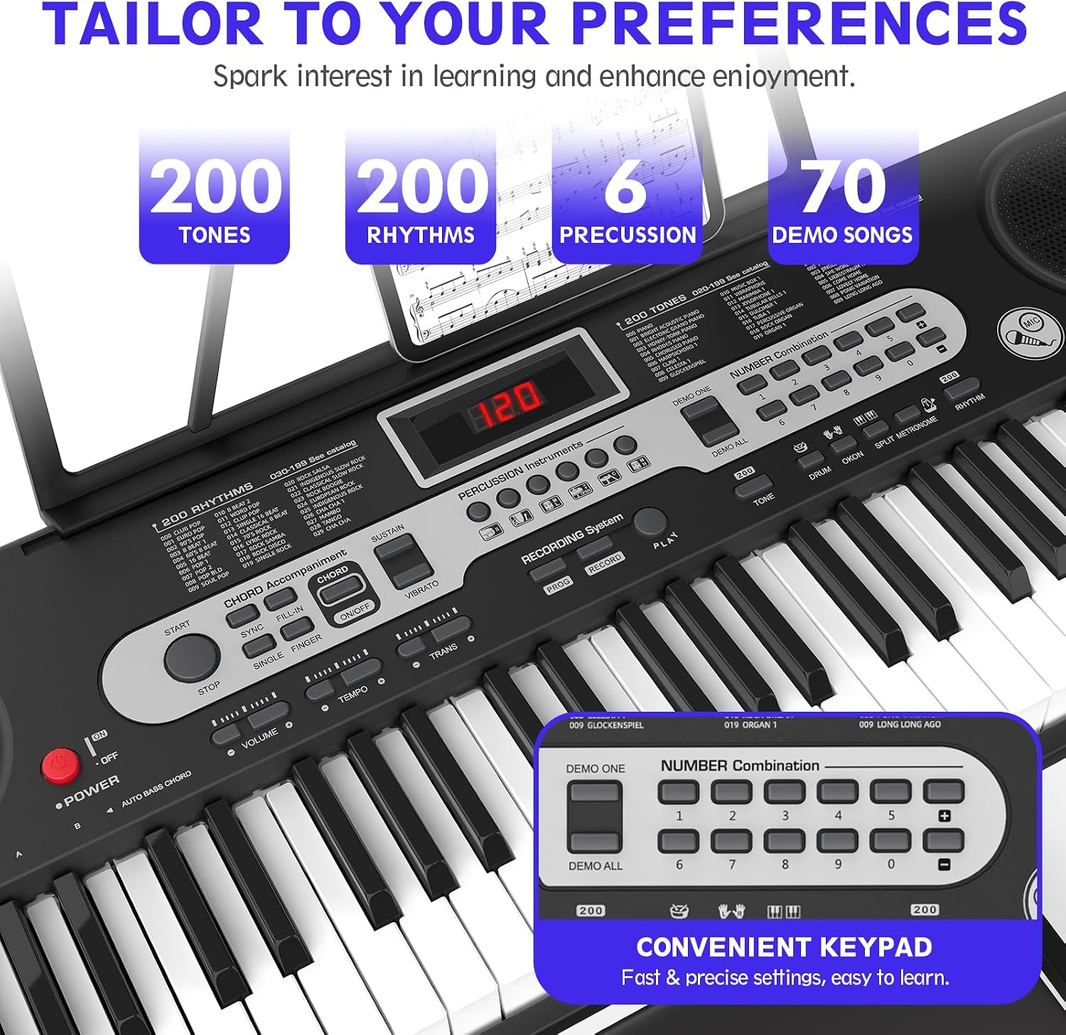 Fenbeli 61 Key Keyboard Piano for Beginners, Electric Piano Keyboard with Stand and Bench, Microphone, Headphone, Sheet Music Stand, LED Screen, 200 Tones, Teaching Mode, Holiday Gift