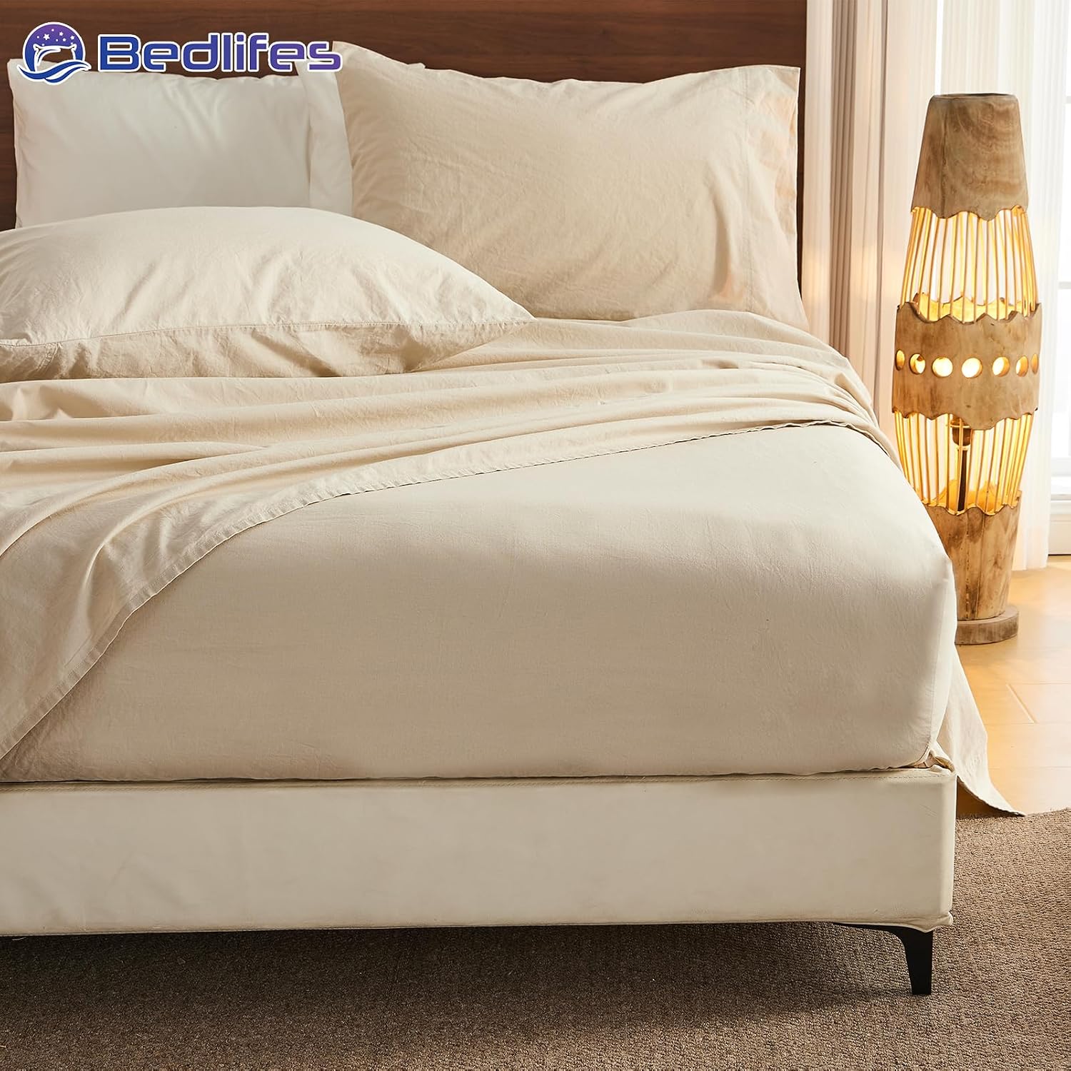 Bedlifes 100% French Pure Linen Sheets King Size Breathable and Cooling Flax Sheet Set Soft Durable and Moisture Wicking 16 Inch Deep Pocket-4 Piece(King,Linen)