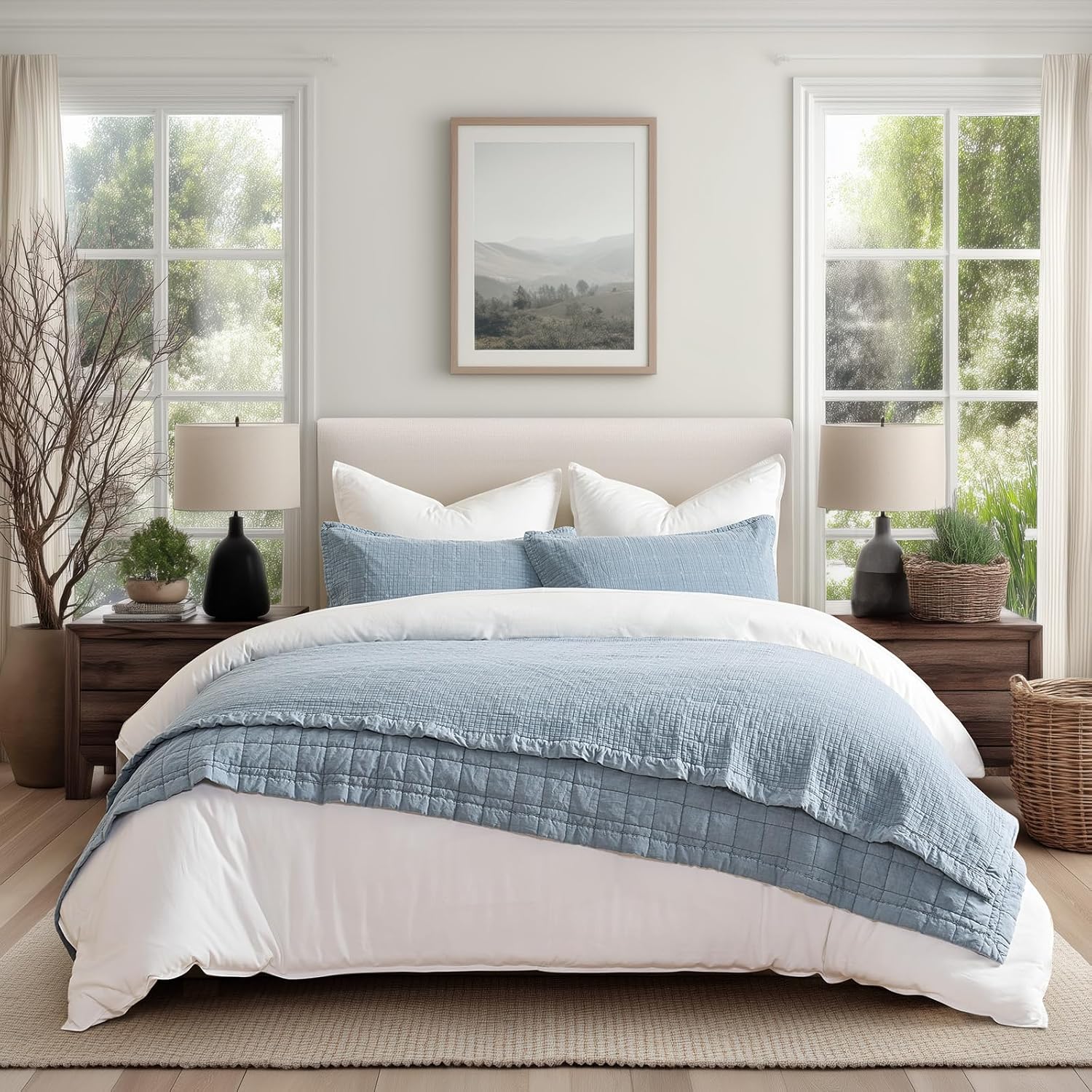EVERGRACEHOME Stonewashed Cotton Quilt Set Queen Size, Ultra Soft Oversized Bedspread Coverlet Set, Lightweight Crinkle Box Stitch Bedding Sets for All Season, with 2 Matching Shams, Blue Linen