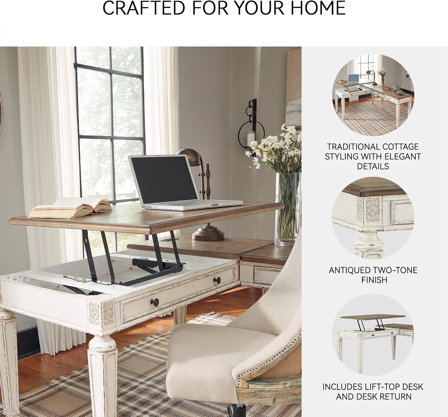 Signature Design by Ashley Realyn French Country 3-Drawer 2-Piece Home Office Desk with Spring Lift Top, USB Ports and AC Plug-Ins, Dark Brown & White