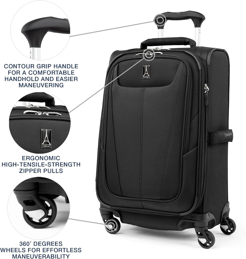 Travelpro Maxlite 5 Softside 2pc Set Expandable Carry On Luggage with 4 Spinner Wheels/Soft Underseat Tote, Lightweight Suitcase, Men and Women, Black