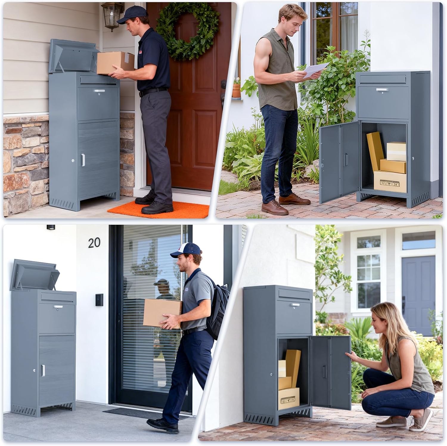 Outdoor Package Delivery Box with Wooden Door, Pre-Assembled Lockable Anti-Theft Parcel Drop Box, IPX3 Waterproof & Weather-Resistant for Porch, Fence, Curbside, (L - Blue)